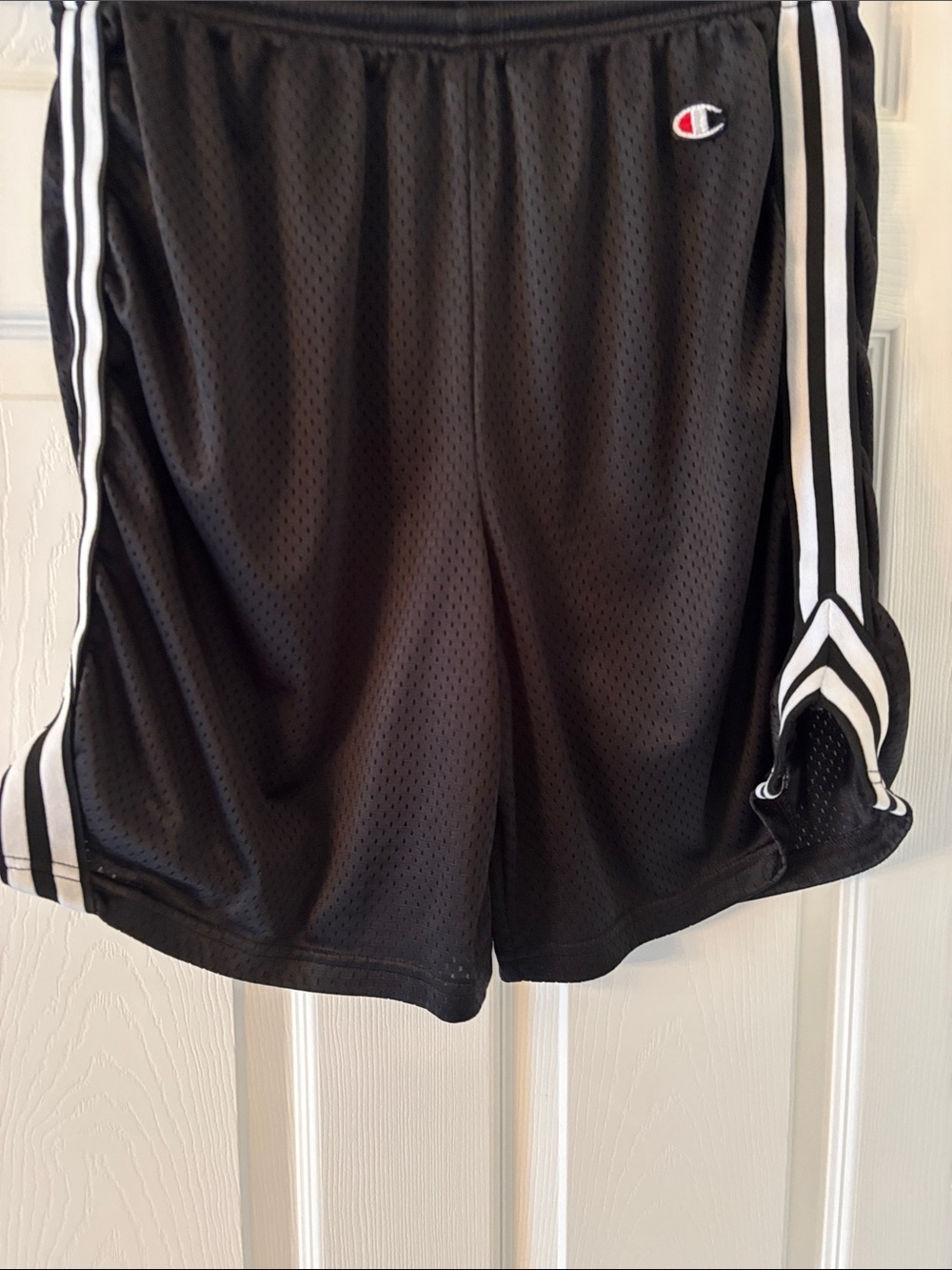 Champion Black Athletic Mesh Shorts with White Side Stripes
